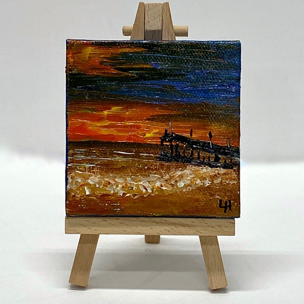 Original Acrylic Ocean Art on Mini Canvas on Easel